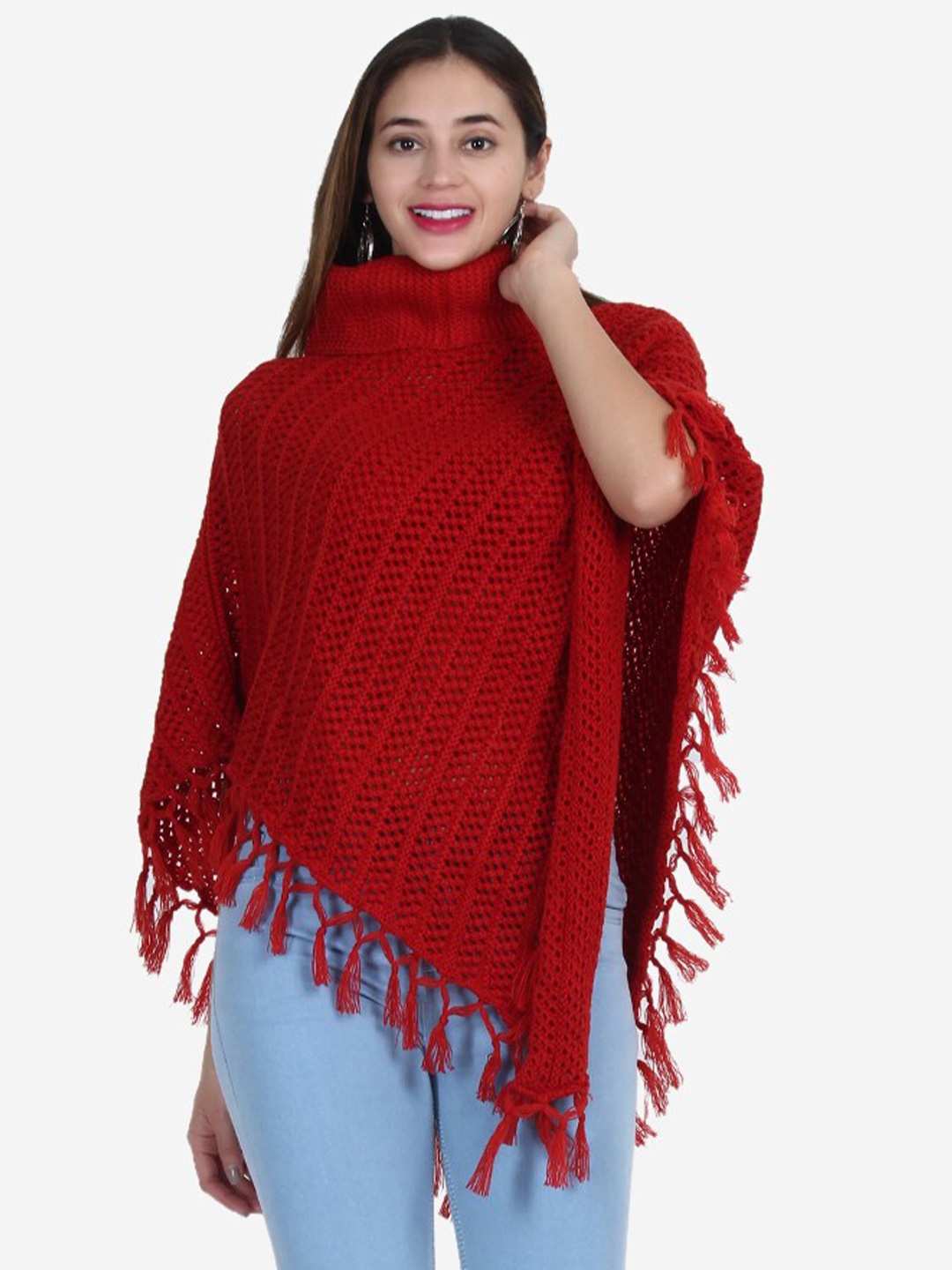 

JoE Hazel Women Red Asymmetric Tasseled Detailed Poncho