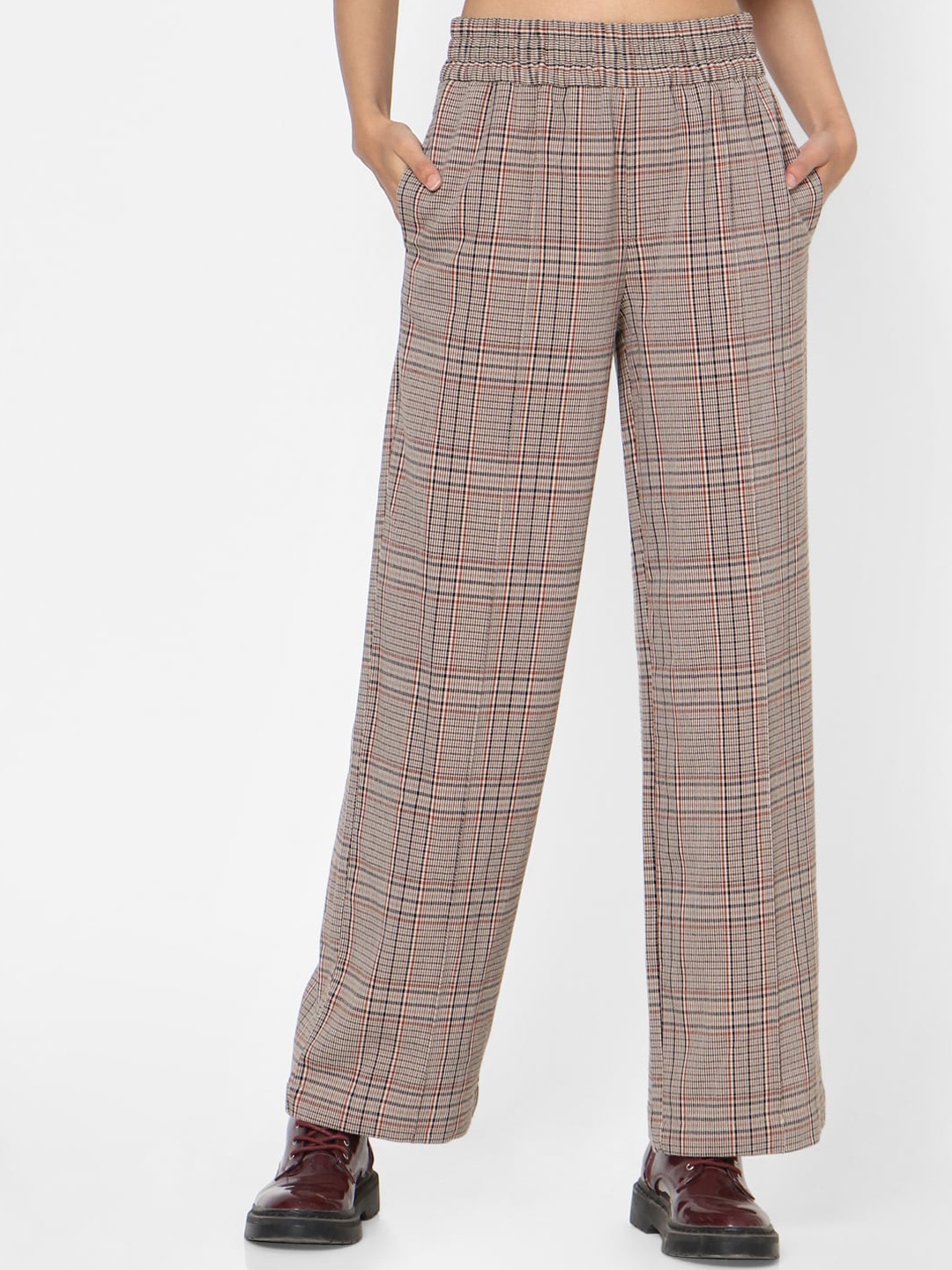 

ONLY Women Brown & Black Checked Straight Fit Trousers