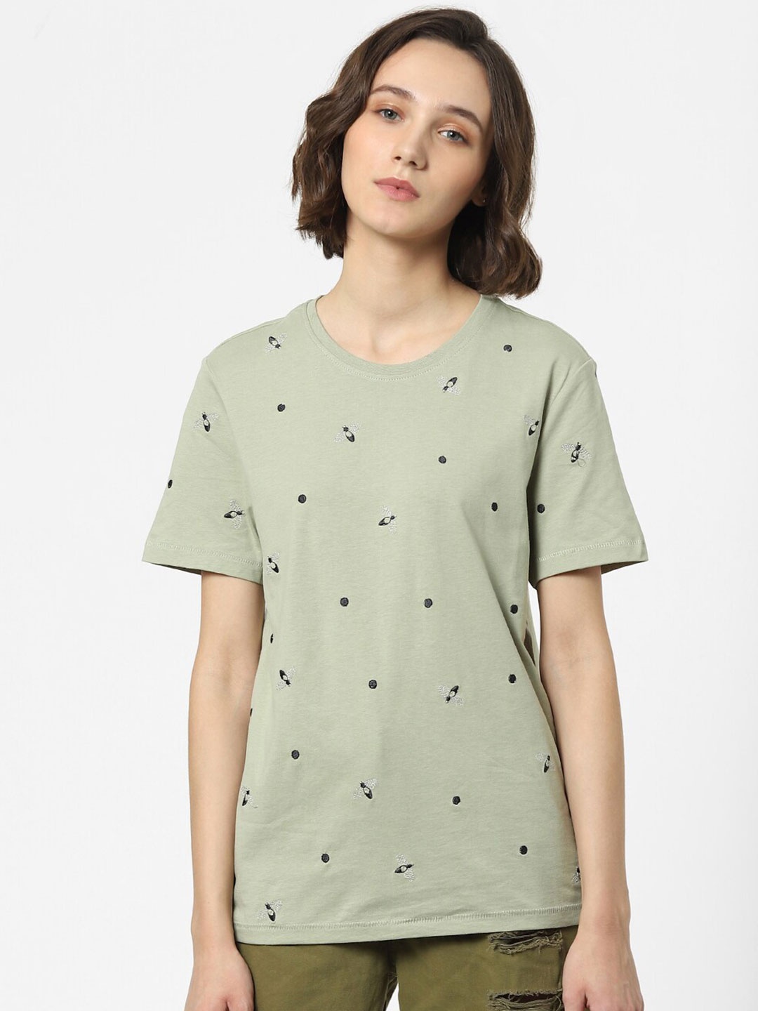 

ONLY Women Olive Green Printed T-shirt