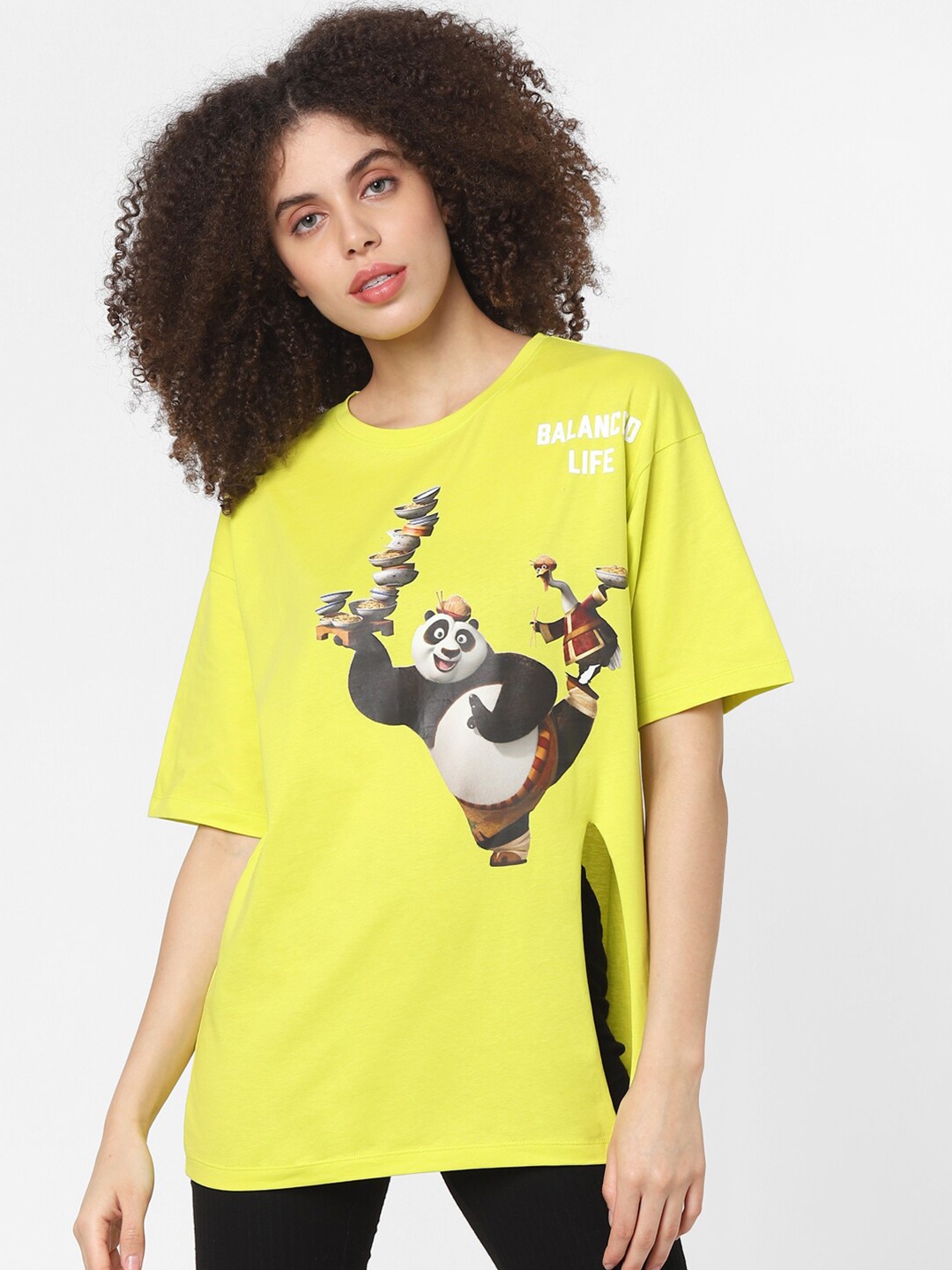 

ONLY Women Yellow Kung Fu Panda Printed Side Slit Loose T-shirt