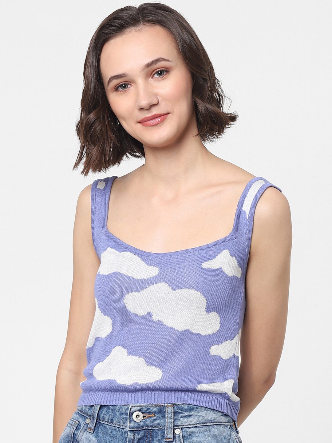 

ONLY Women Lavender & White Printed Cotton Crop Top