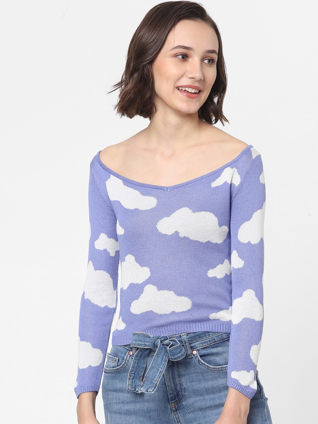 

ONLY Women Purple & White Printed Crop Pullover