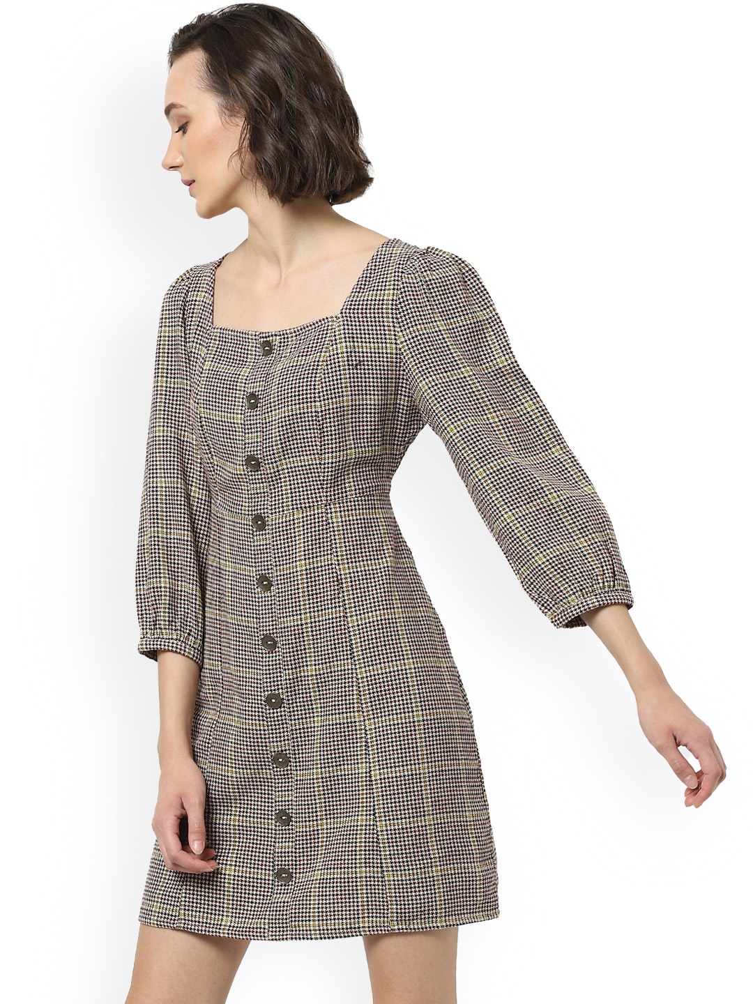 

ONLY Women Beige & Brown Checked Cotton Shirt Dress