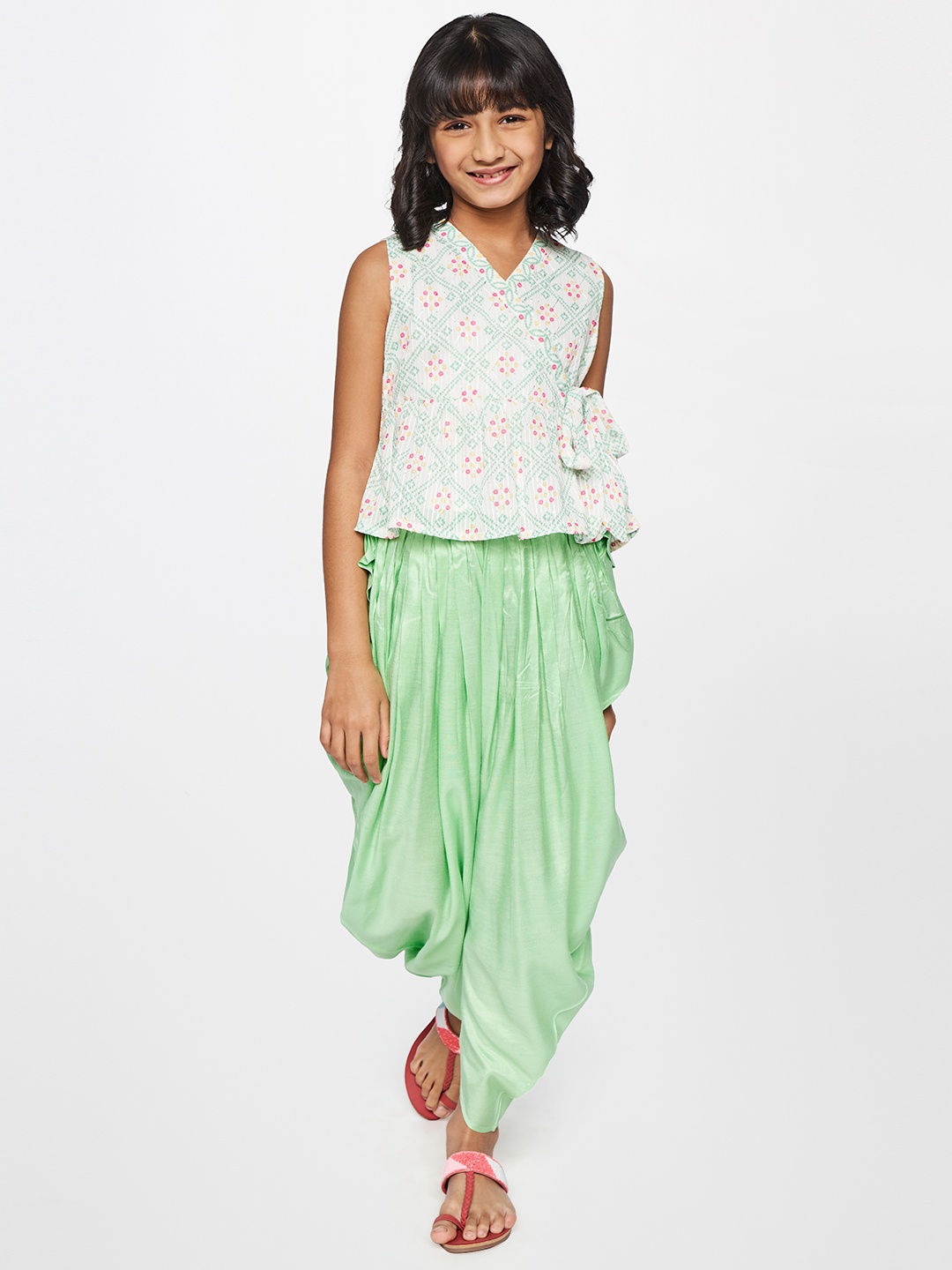 

Global Desi Girls Green & White Printed Top with Dhoti Pants