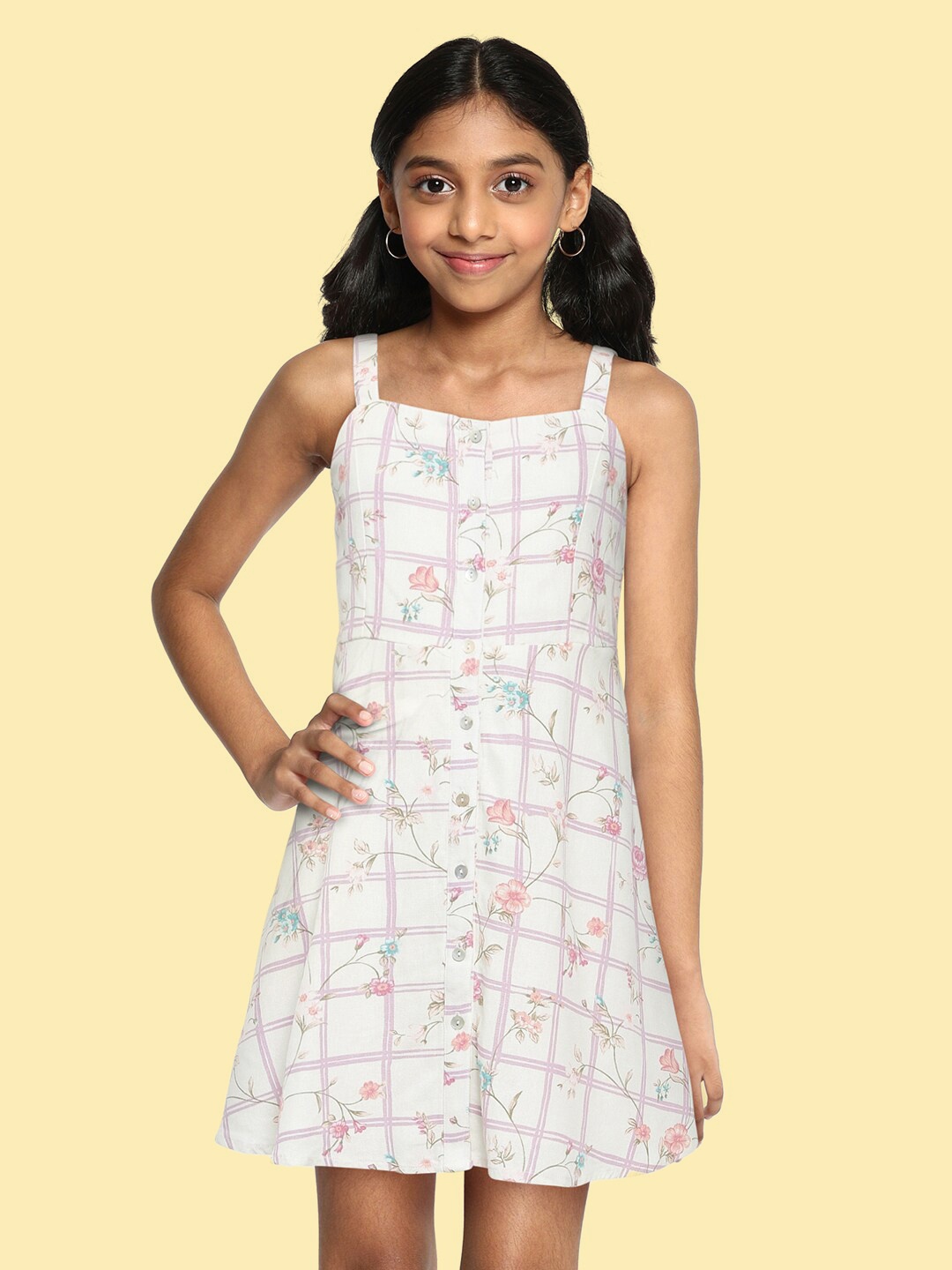 

AND Girls White & Mauve Pink Floral Print Shoulder Straps Linen Blend Fit & Flare Dress