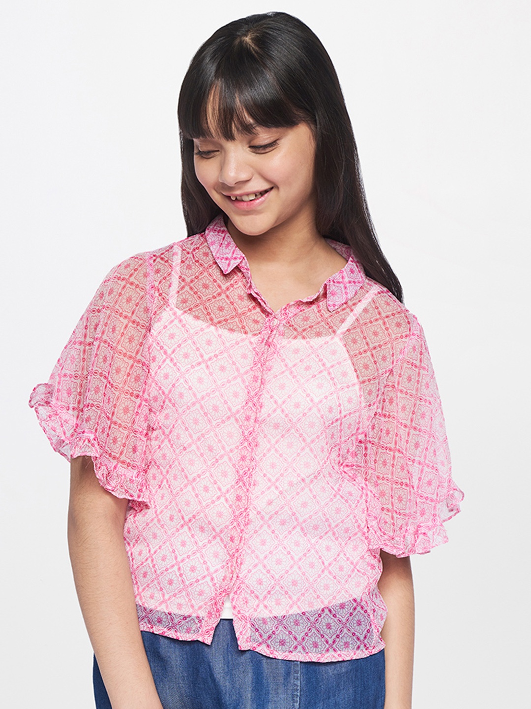

Global Desi Pink Floral Print Shirt Style Top