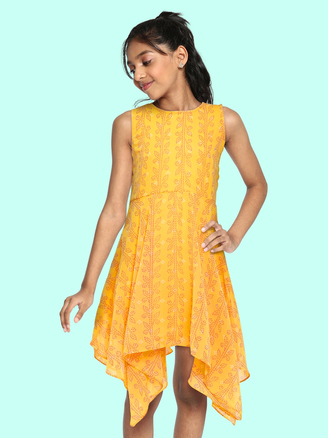 

Global Desi Girls Yellow & Pink Ethnic Motifs Printed A-Line Dress