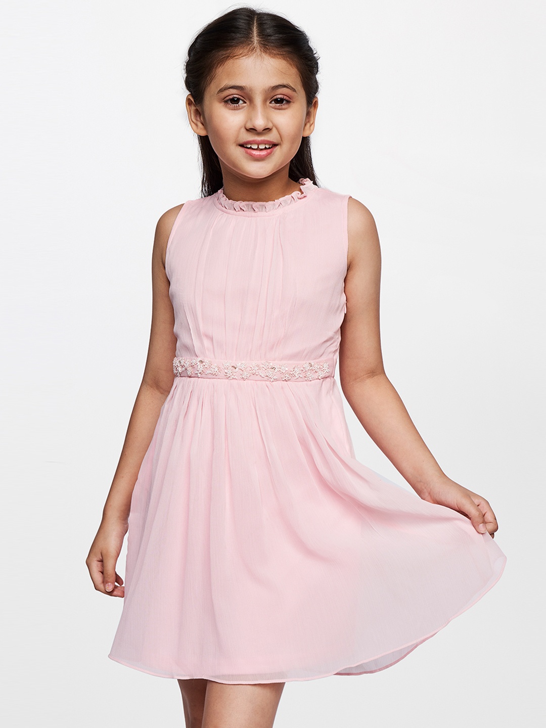 

AND Girls Pink Solid Gathered or Pleated Empire Dress