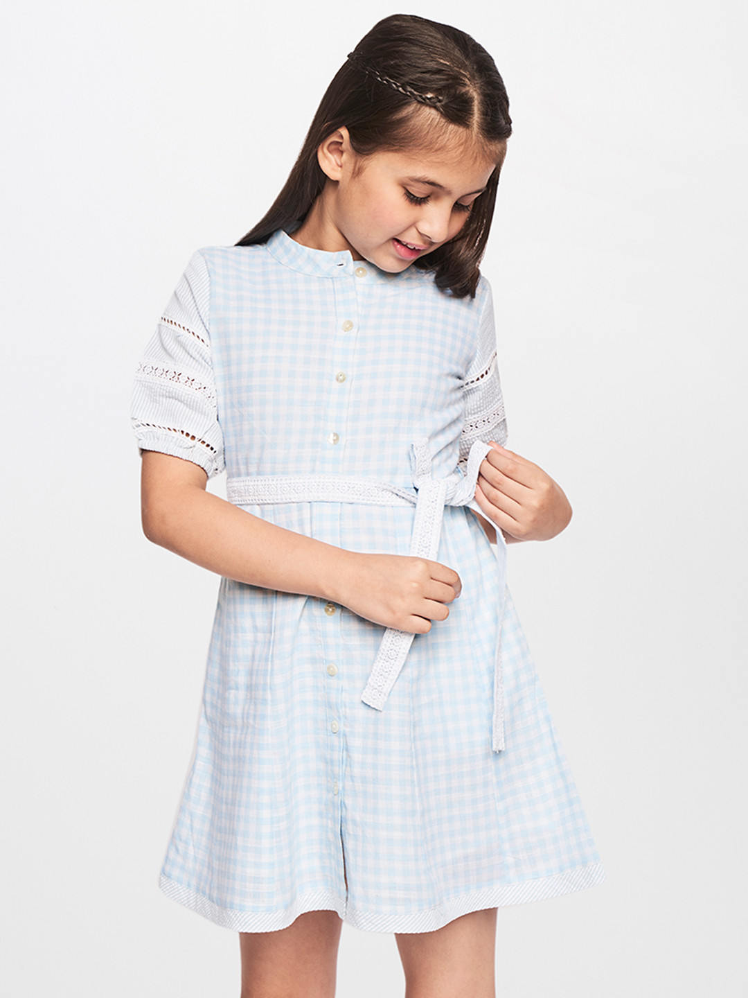 

AND Girls Blue & White Checked Net A-Line Dress