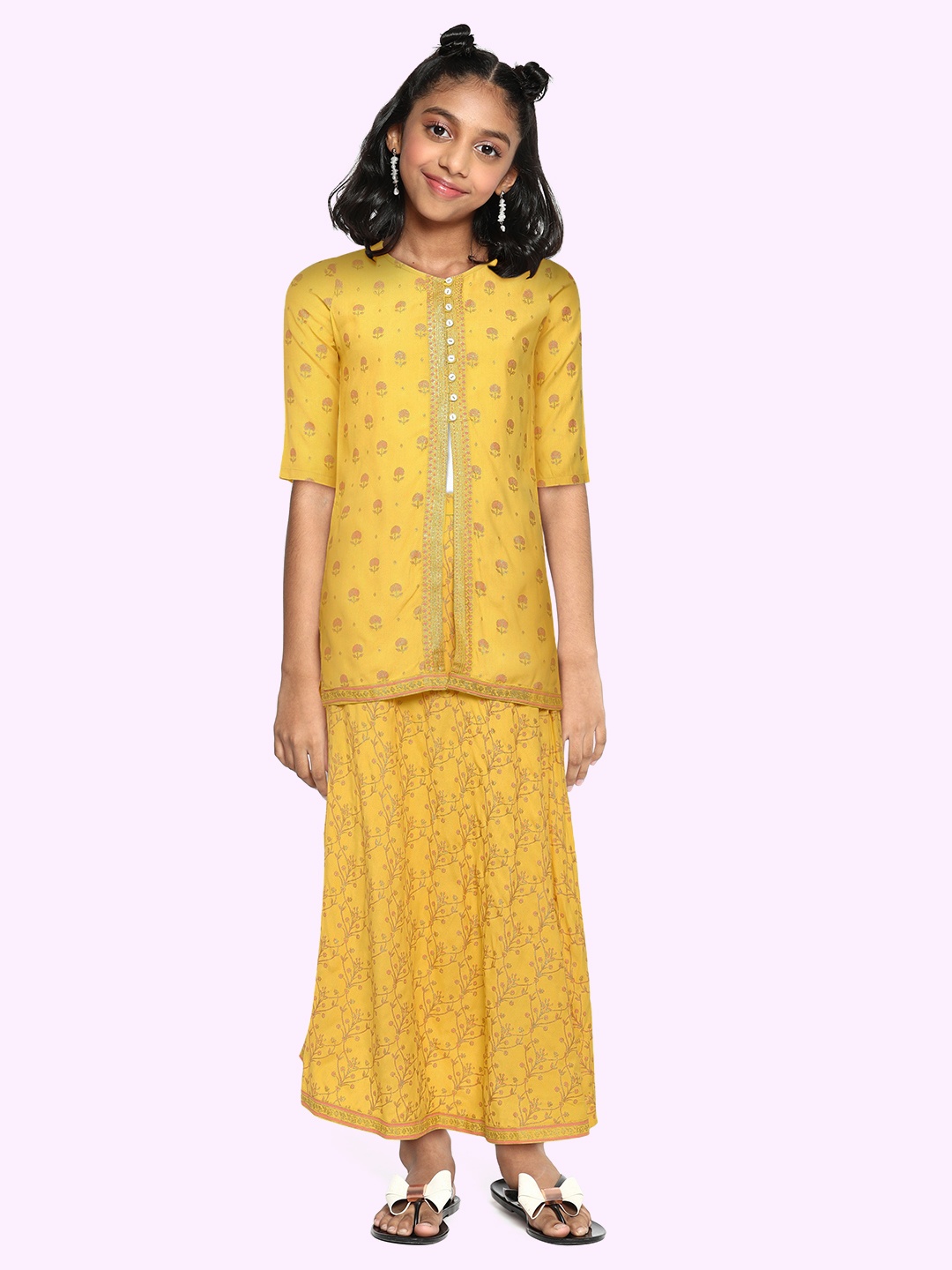 

Global Desi Girls Mustard Yellow & Pink Floral Printed Top with Skirt
