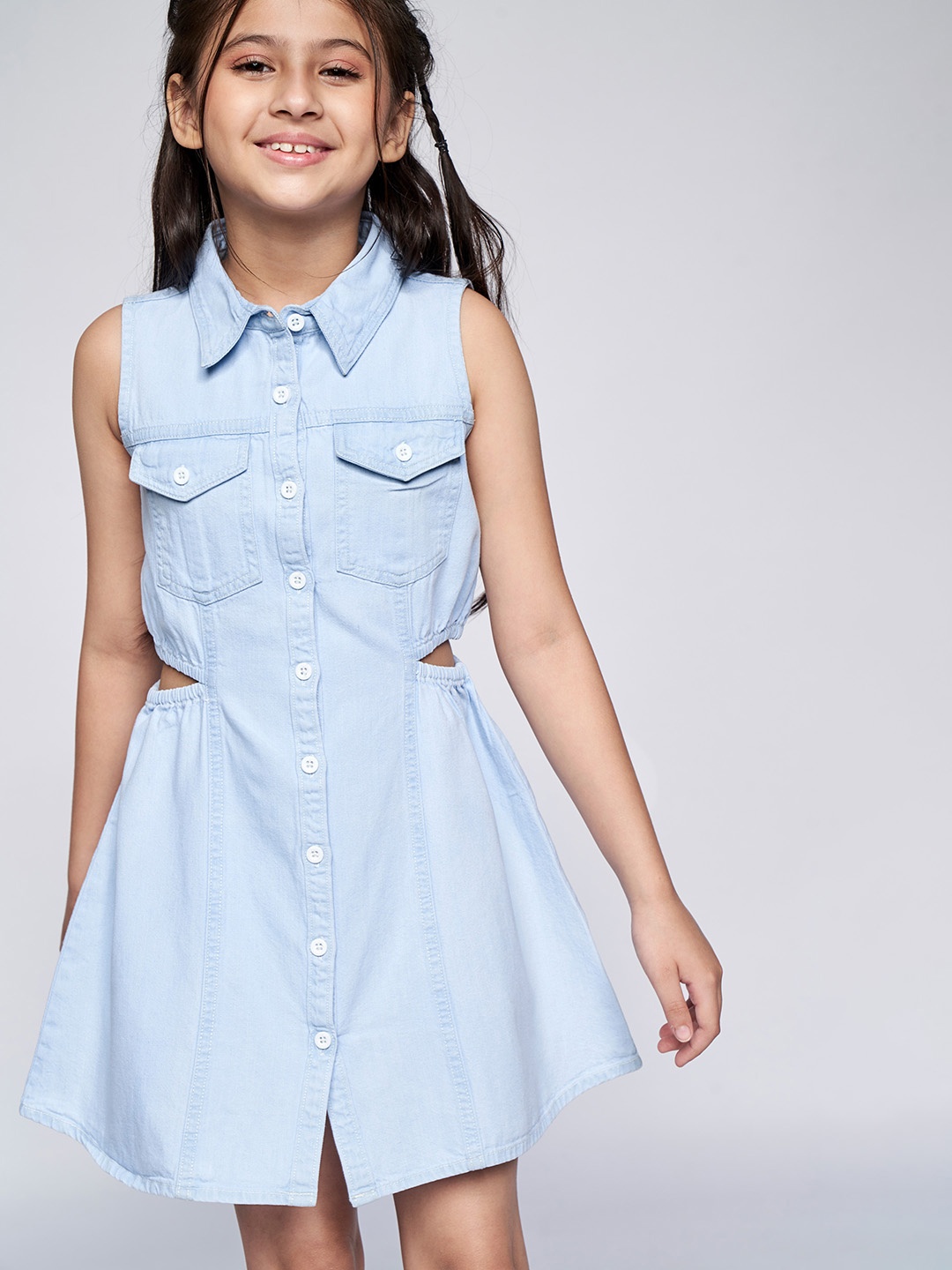 

AND Girls Blue Solid Shirt Collar Cut-Outs Pocket Detailing Pure Cotton Denim Shirt Dress