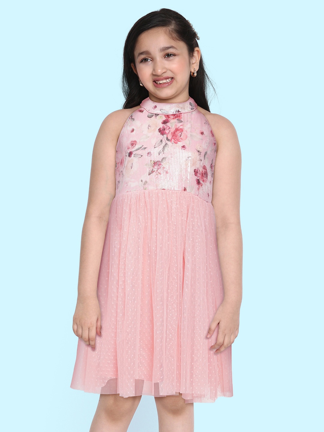 

AND Girls Pink Sequins Embellished & Floral Print Halter Neck Pleated Fit & Flare Dress