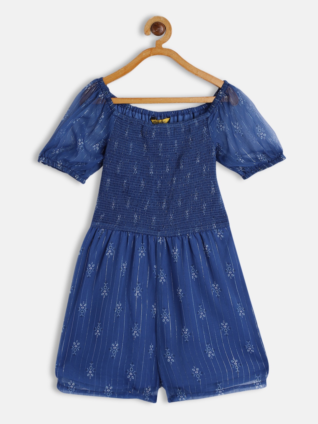 

Global Desi Girls Blue & White Polyester Square Neck Printed Playsuit with Smocking Detail