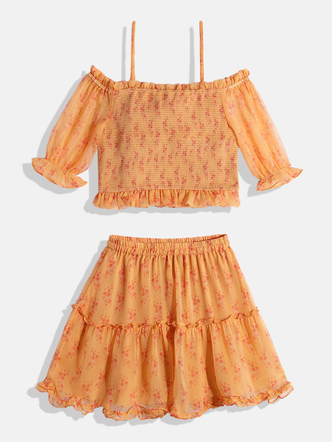 

Global Desi Girls Orange Printed Top with Skirt