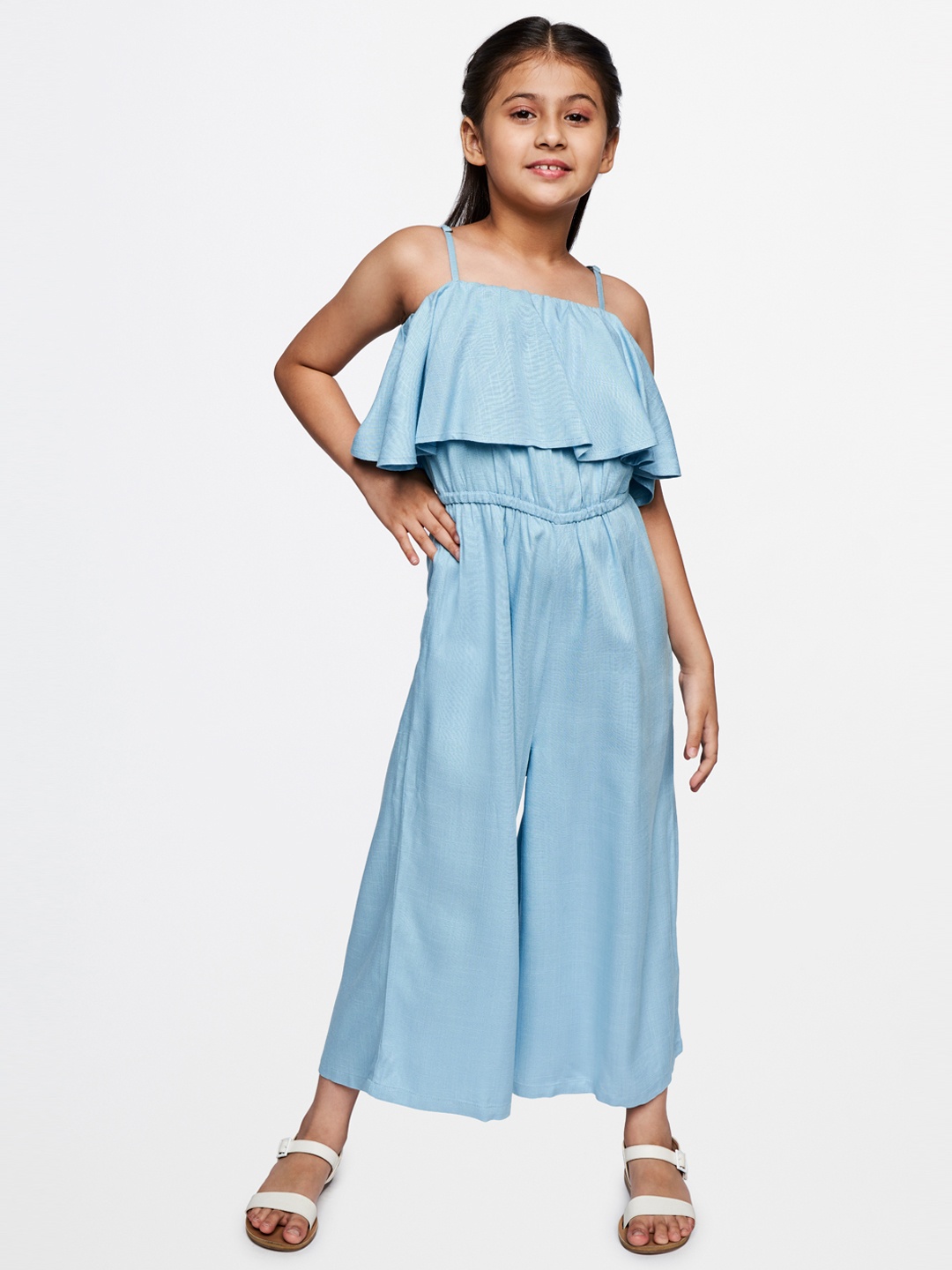 

AND Girls Blue Solid Basic Jumpsuit with Ruffles