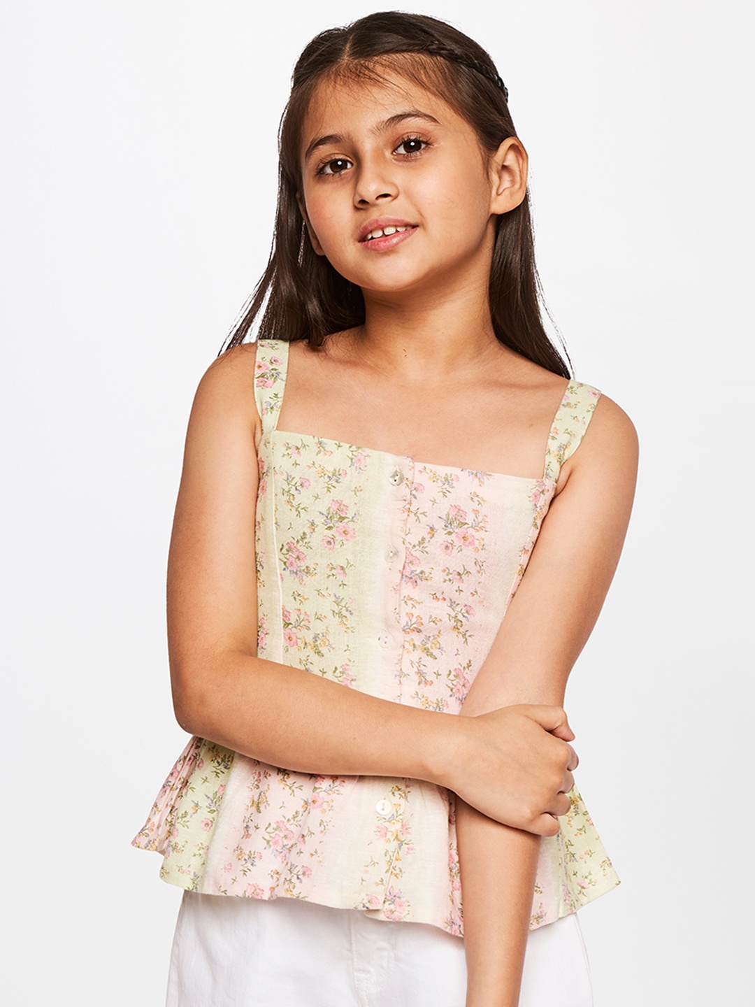 

AND Beige & Pink Floral Print Linen Peplum Top