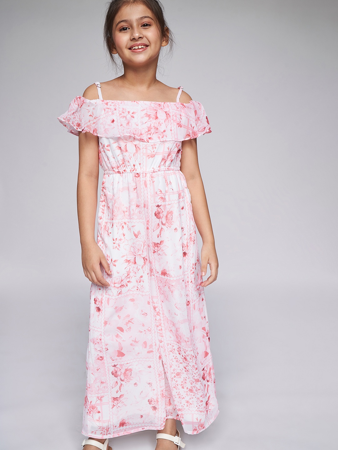 

AND Girls Pink Floral Printed Jumpsuit with Ruffles