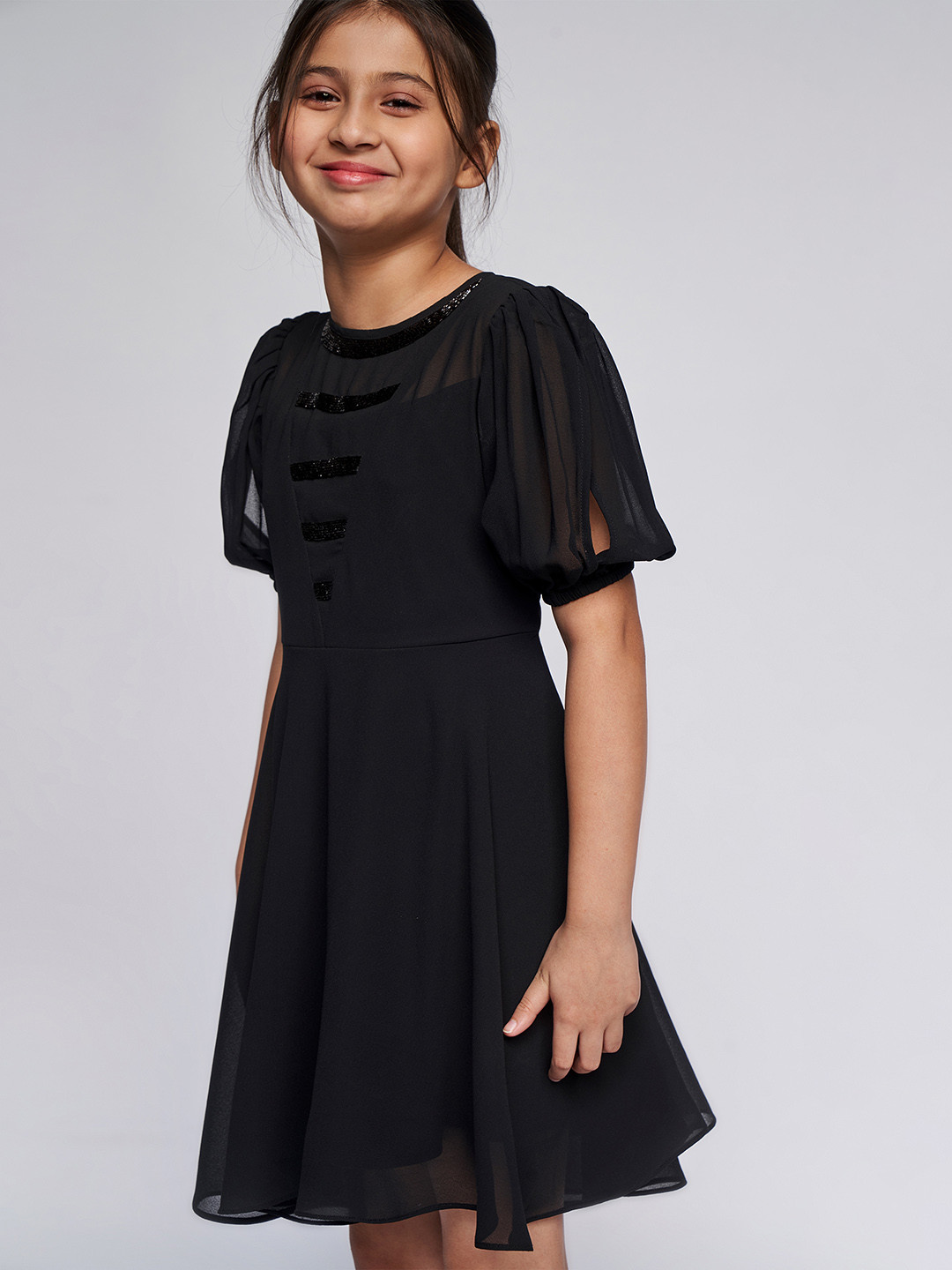 

AND Girls Black Solid Round Neck Puff Sleeves Embellished Ruffles Fit & Flare Dress