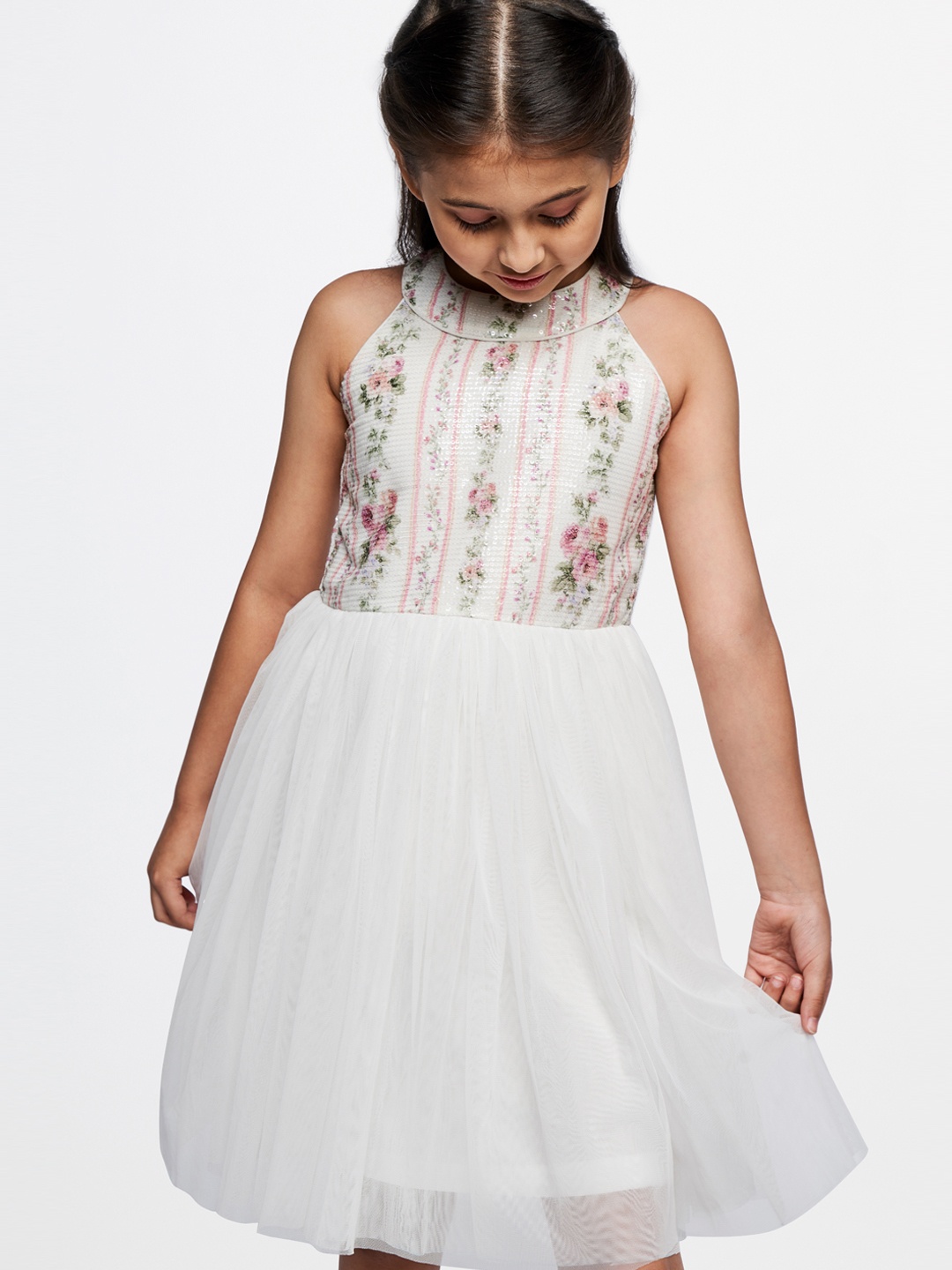 

AND Girls White & Pink Embellished Halter Neck Net Dress