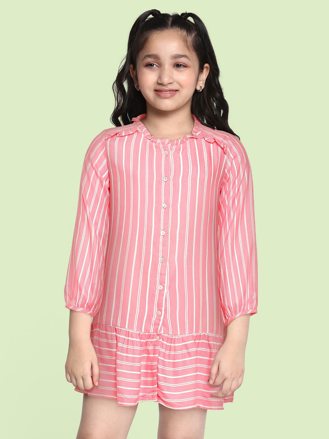 

AND Girls Pink & White Striped Round Neck Bishop Sleeves Pleated Ruffles Drop-Waist Dress