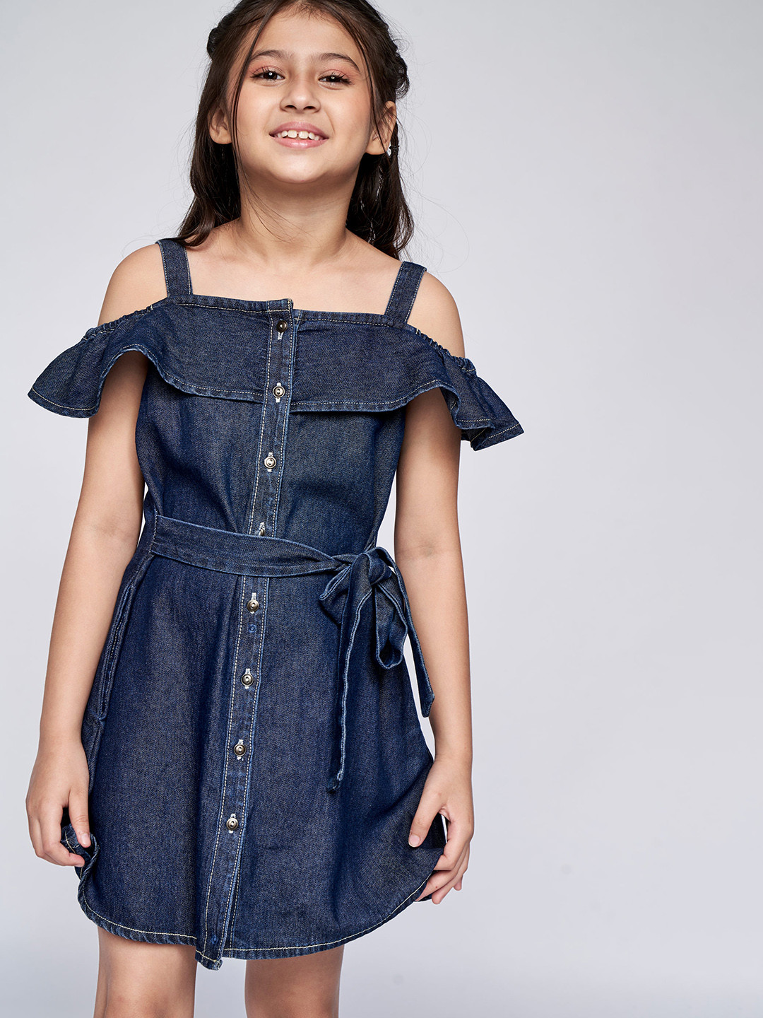 

AND Blue Off-Shoulder Net A-Line Dress