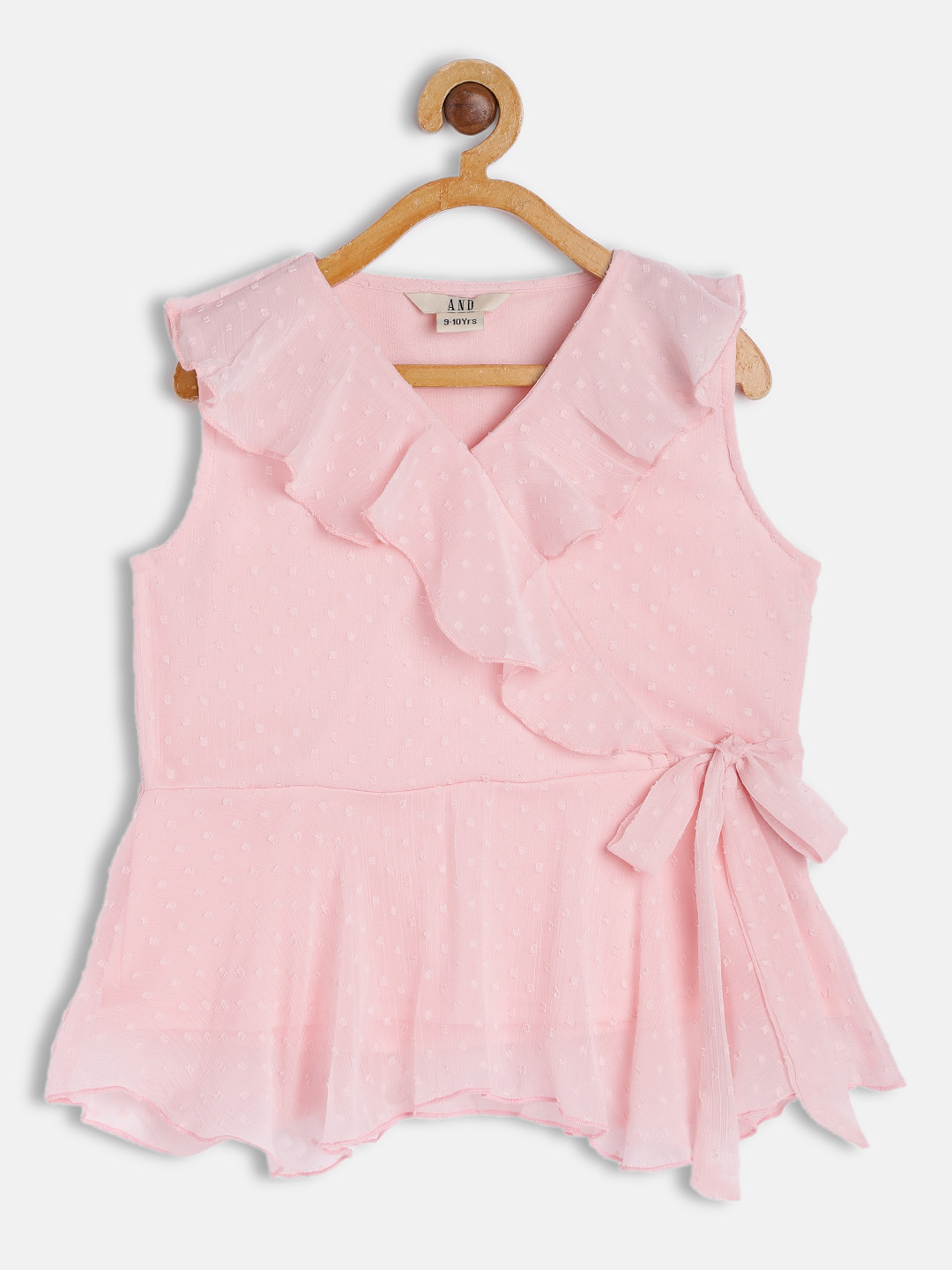 

AND Girls Pink Dobby Self Design V-Neck Waist Tie-Ups Ruffles Polyester Wrap Regular Top