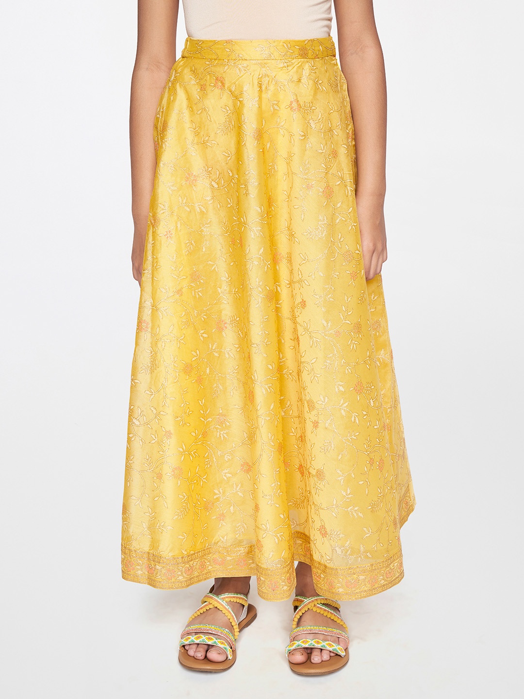 

Global Desi Girls Yellow Floral Printed Embellished Flared Maxi Skirt