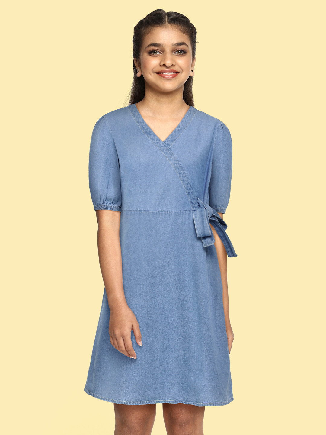 

AND Girls Blue Solid Pure Cotton Wrap Dress