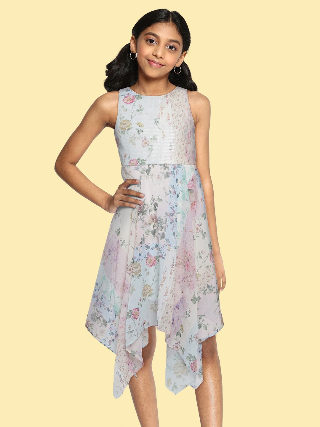 

AND Girls Blue & Pink Floral Printed Dress