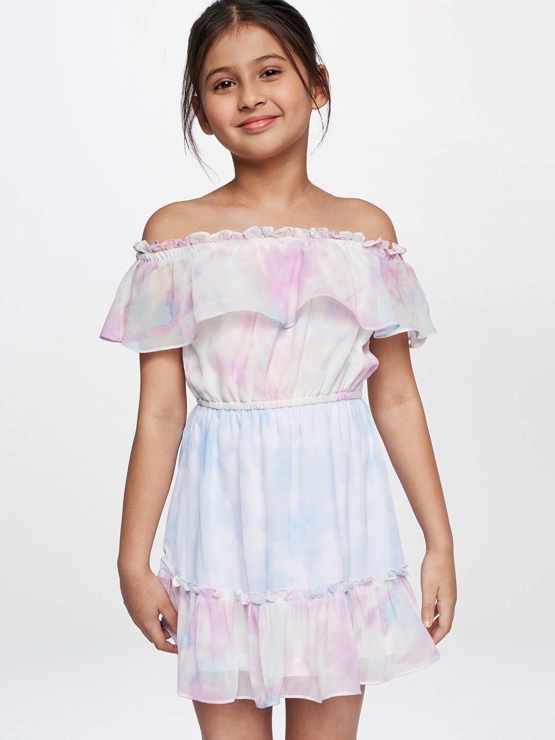 

AND Girls White & Blue Tie and Dye Off-Shoulder Dress