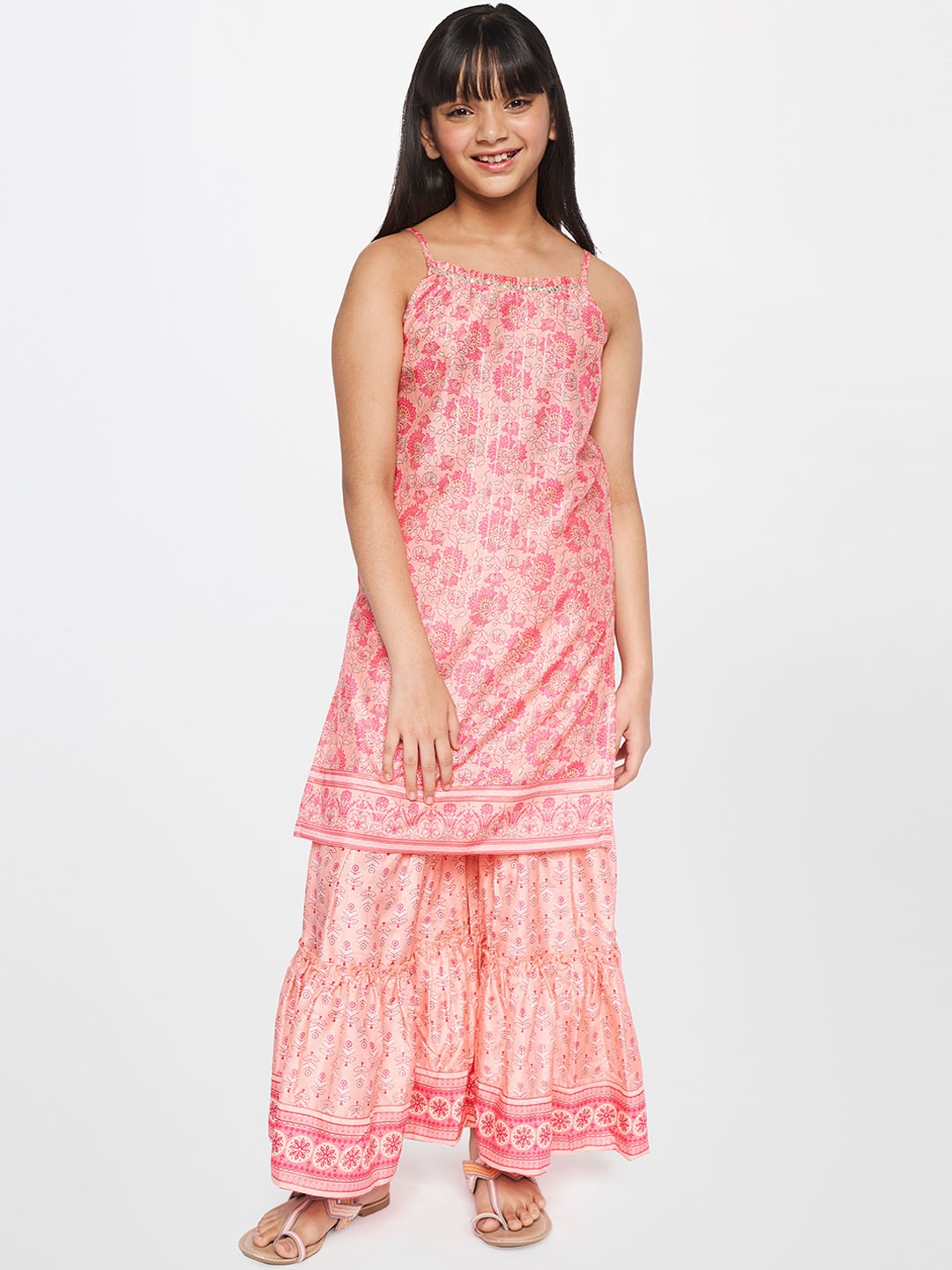 

Global Desi Girls Pink & Beige Printed Kurta & Palazzos