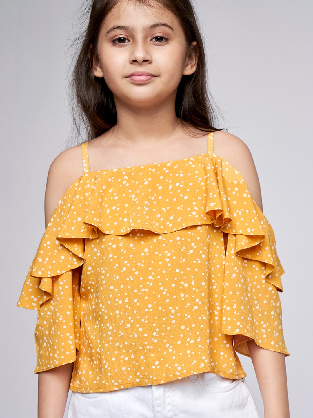 

AND Girls Mustard Yellow & White Polka Dots Print Cold-Shoulder Sleeves Regular Crop Top