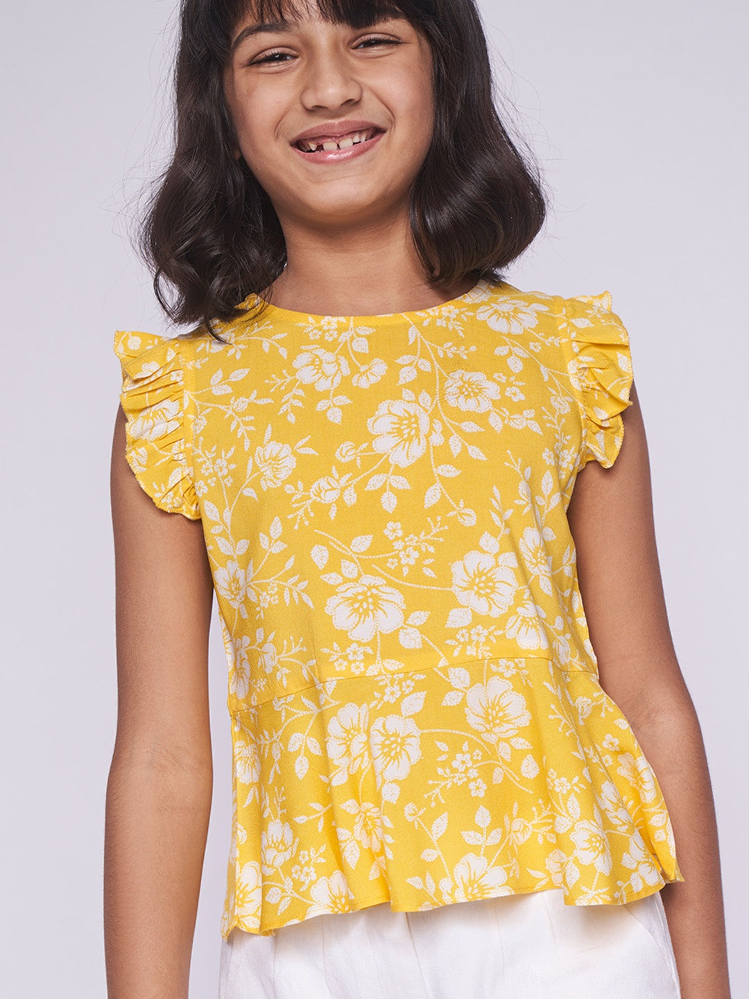 

Global Desi Girls Yellow & White Floral Printed Peplum Top