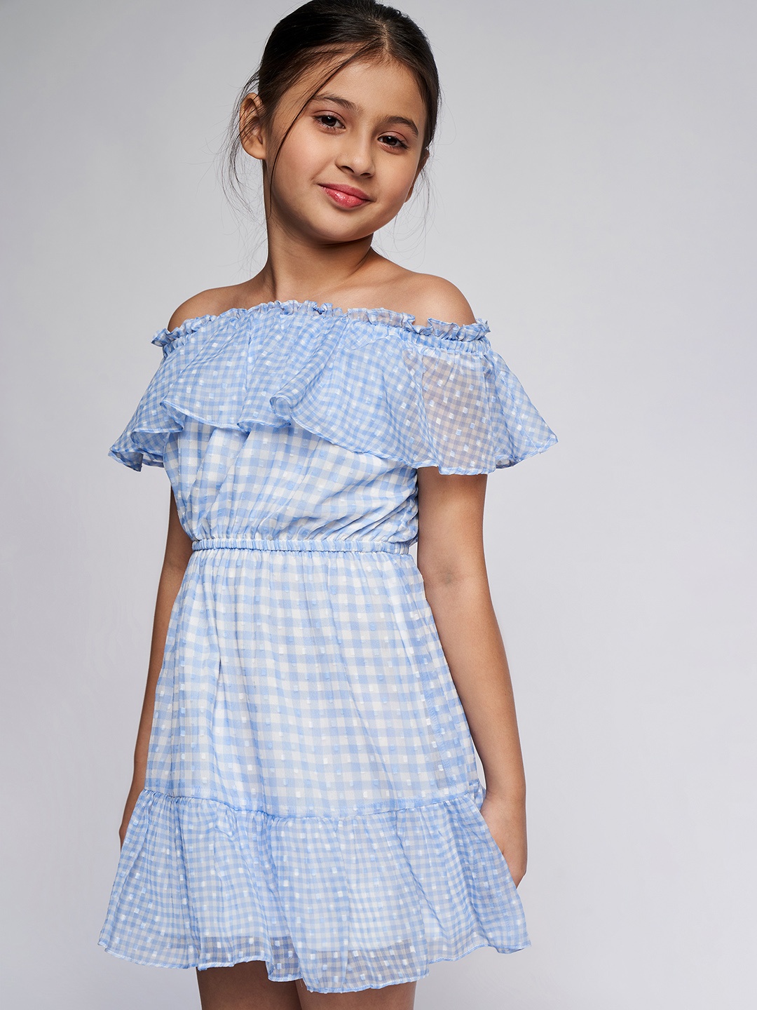 

AND Blue Checked Off-Shoulder Net A-Line Dress