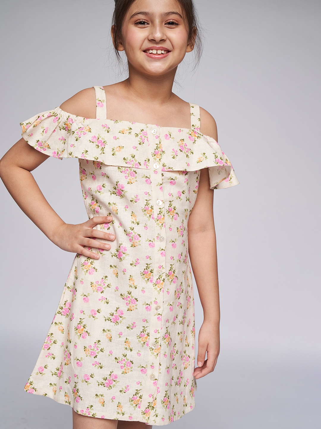

AND Pink Floral Off-Shoulder Linen Net A-Line Dress