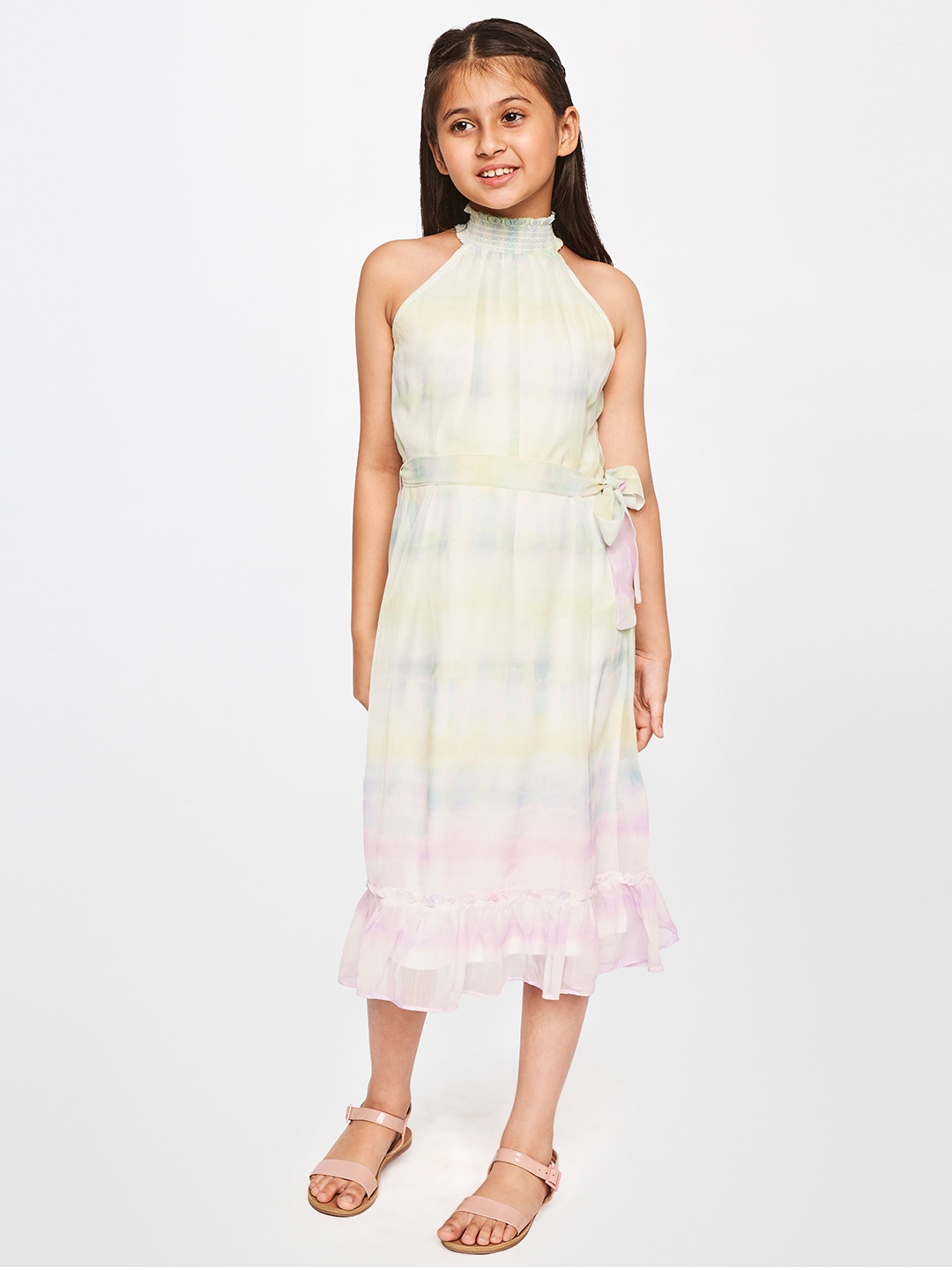 

AND Multicoloured Tie and Dye Dyed Halter Neck Net A-Line Midi Dress, Multi