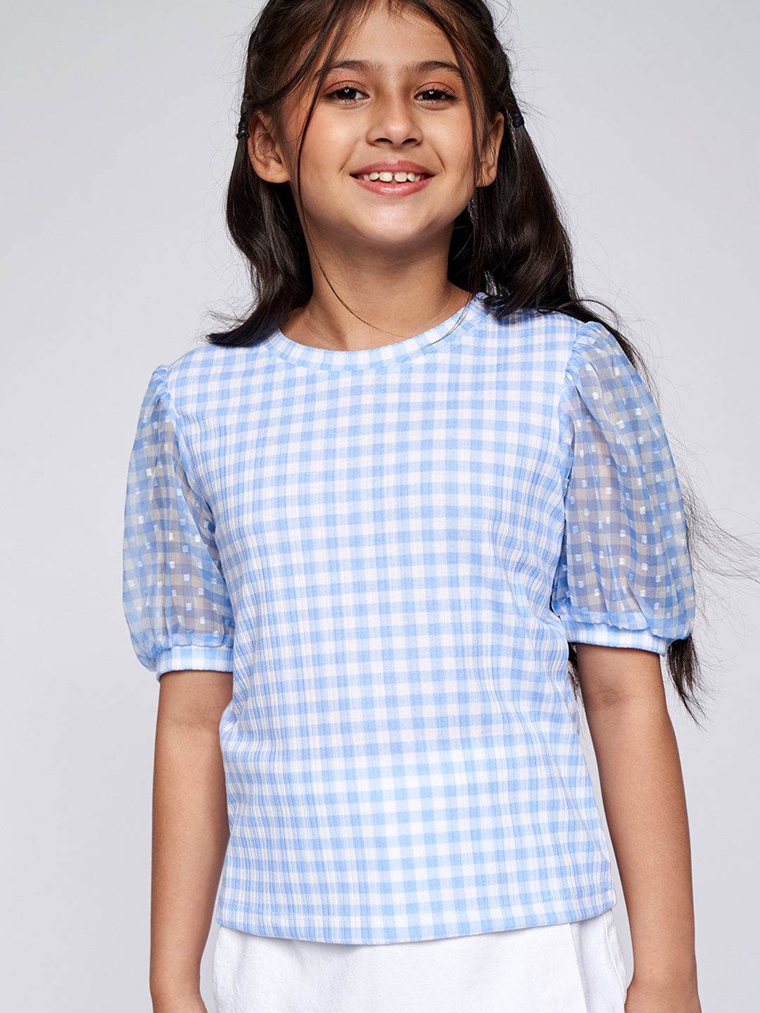 

AND Girls Blue & White Checked Round Neck Puff Sleeves Nautical Boxy Regular Top