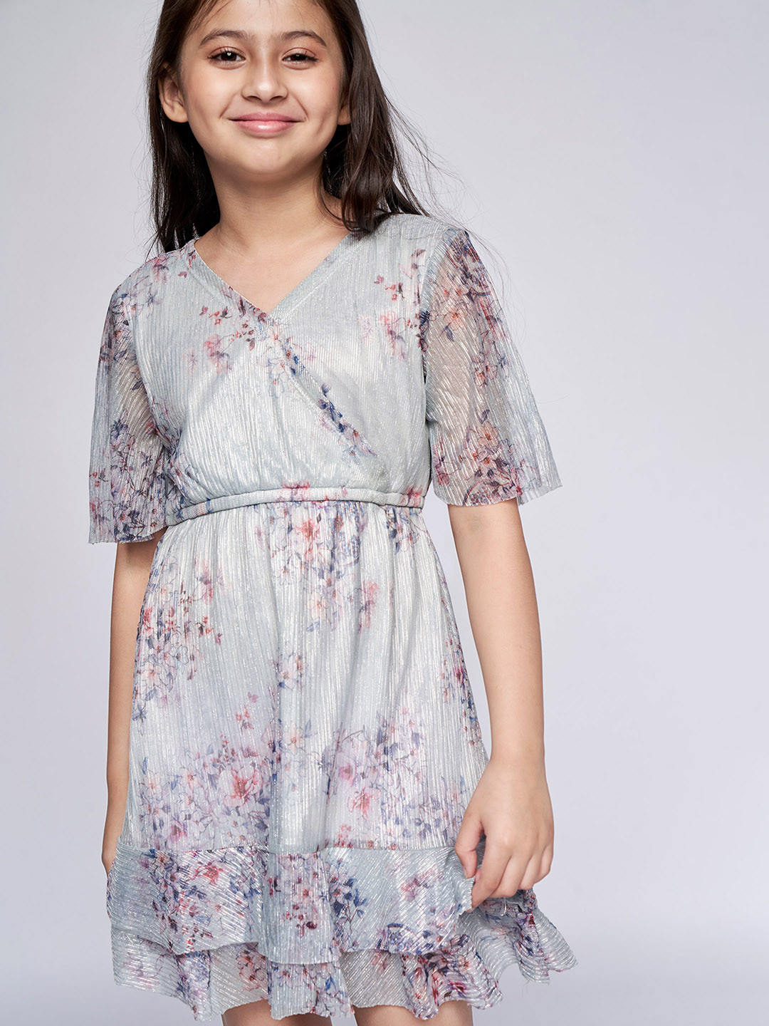 

AND Blue Floral Print Net Wrap Style Fit & Flare Dress
