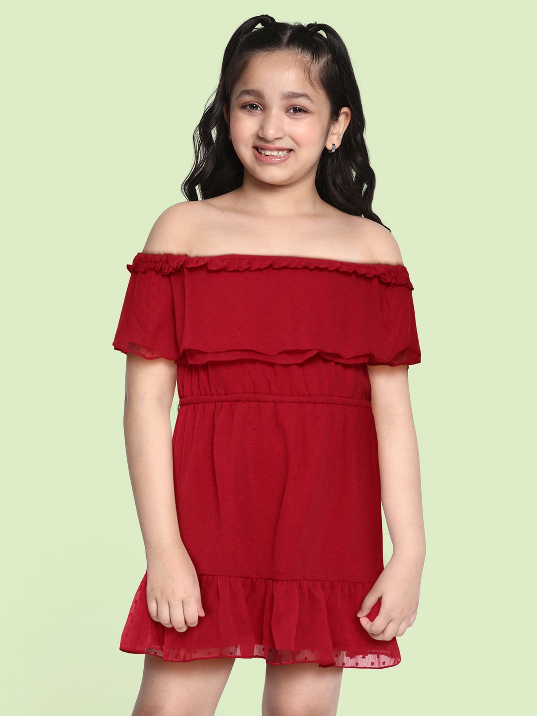 

AND Girls Red Self Design Extended Sleeves Pleated Ruffles Dobby Fit & Flare Dress