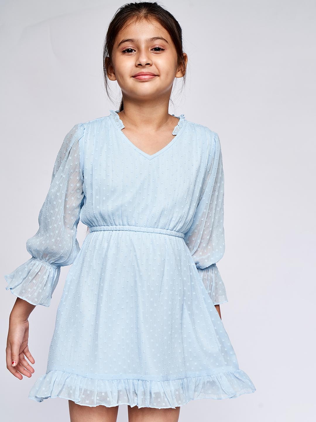 

AND Blue Self-Design Net Fit & Flare Dress