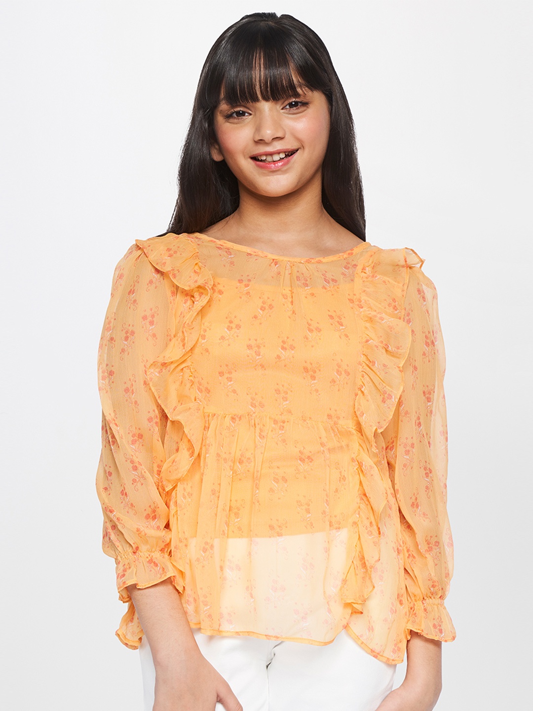 

Global Desi Orange Floral Print Bishop Sleeves Ruffles Top