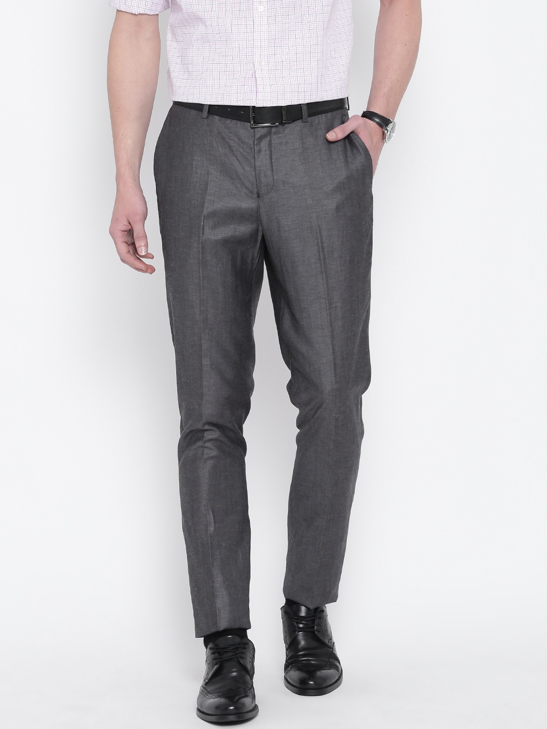 

Blackberrys Men Charcoal Grey Solid Flat-Front Formal Trousers