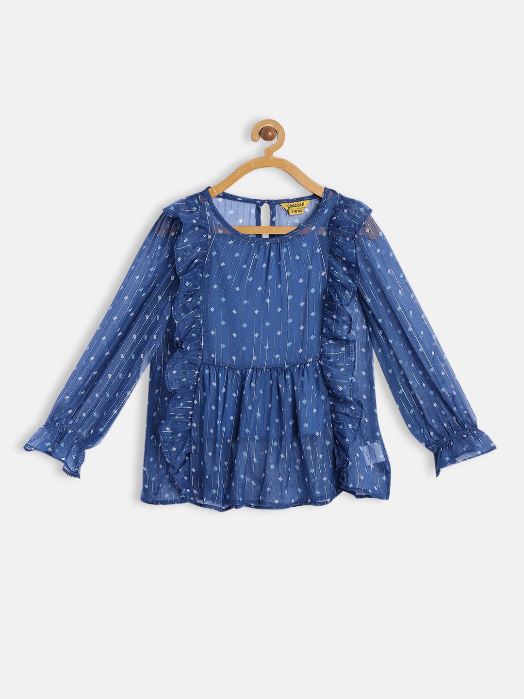 

Global Desi Girls Blue Geometric Printed Ruffled Boxy Top