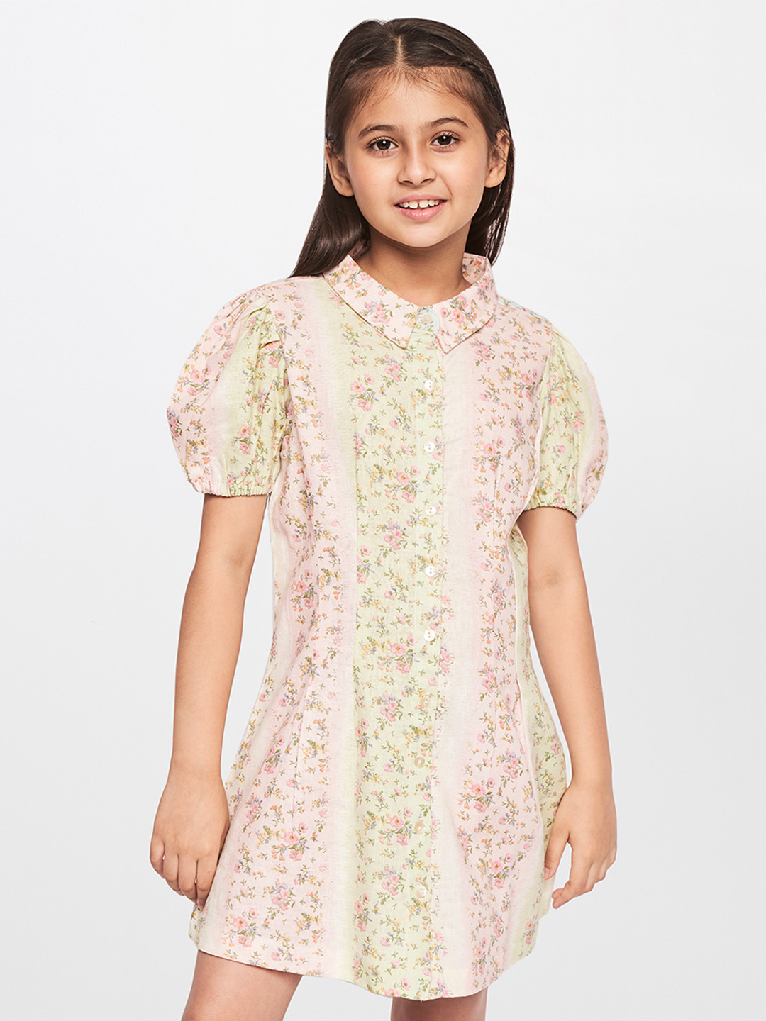 

AND Girls Cream & Yellow Printed Linen Shirt Dress