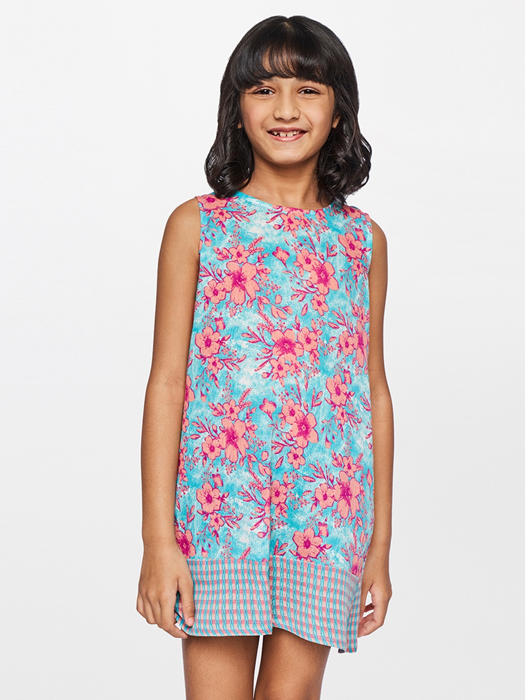

Global Desi Blue & Pink Floral Net A-Line Mini Dress