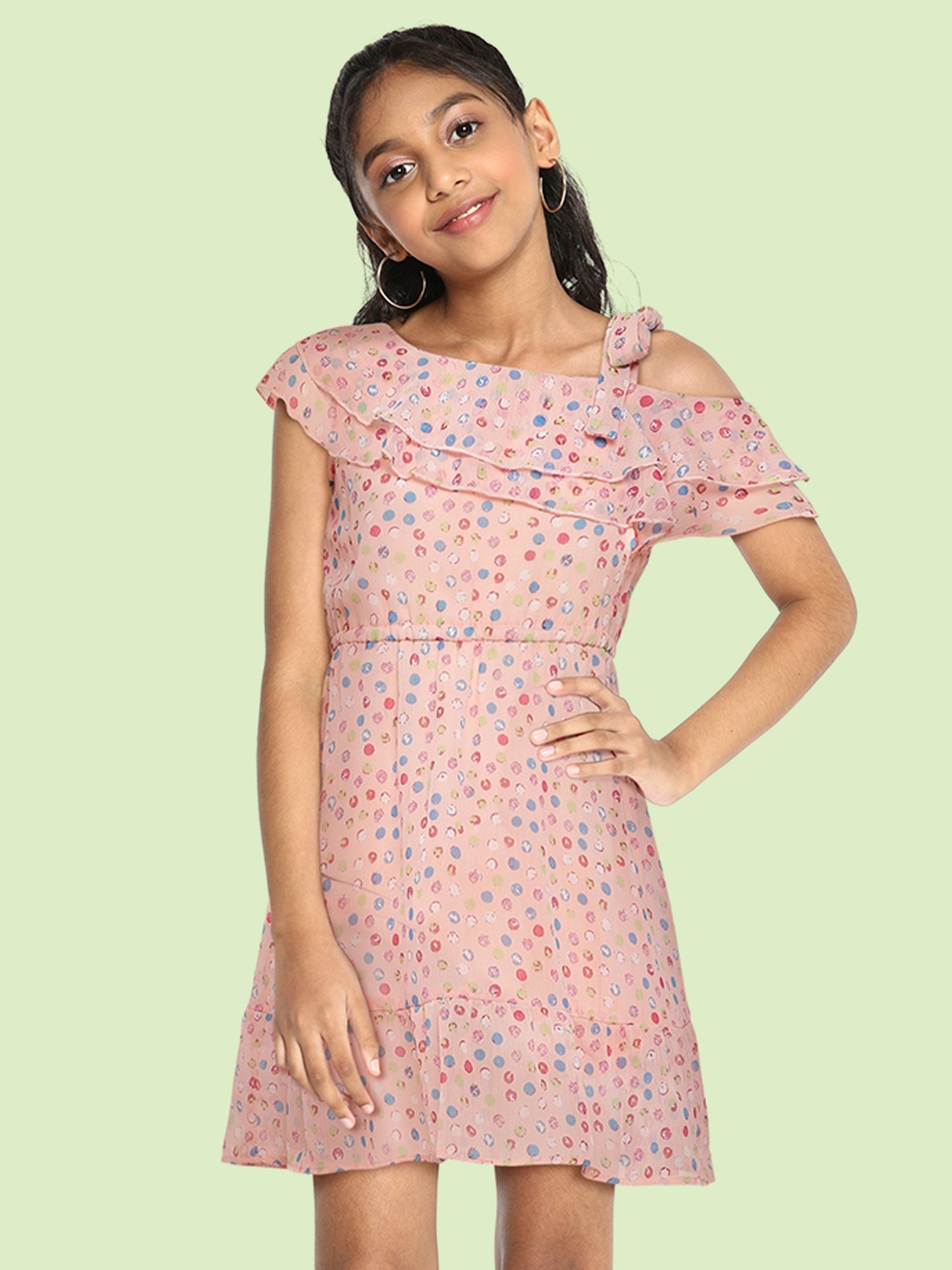 

Global Desi Girls Peach-Coloured & Blue Printed One Shoulder Fit & Flare Dress