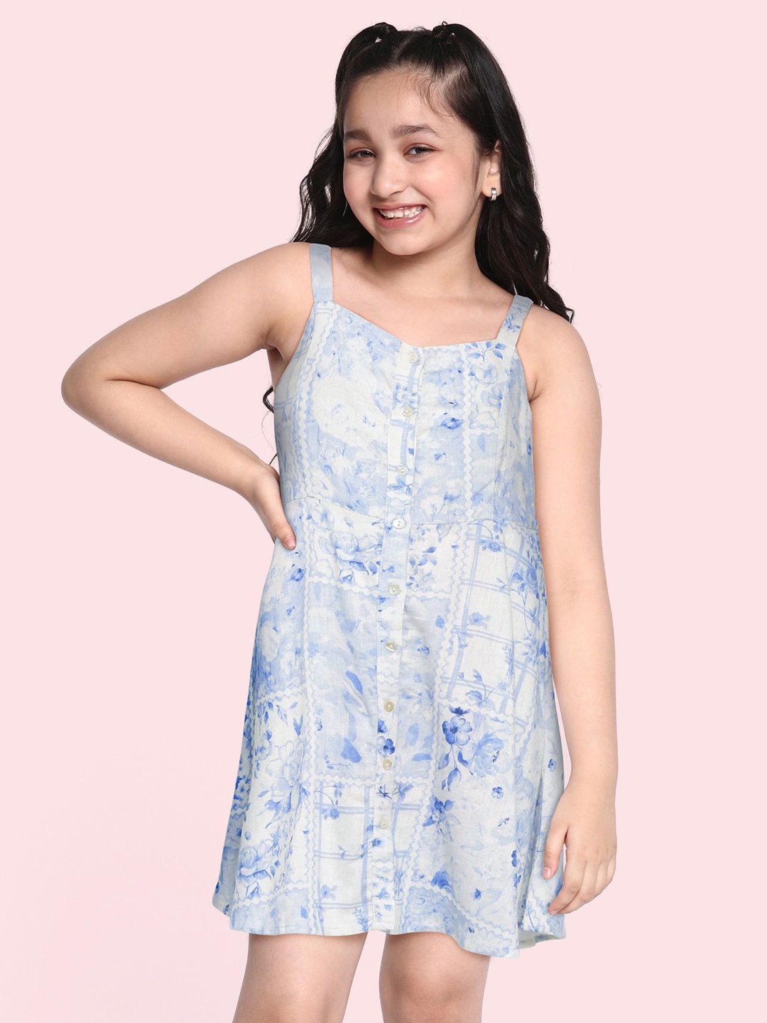 

AND Girls Blue & White Floral Print Shoulder Straps Smocked Linen Cotton Fit & Flare Dress