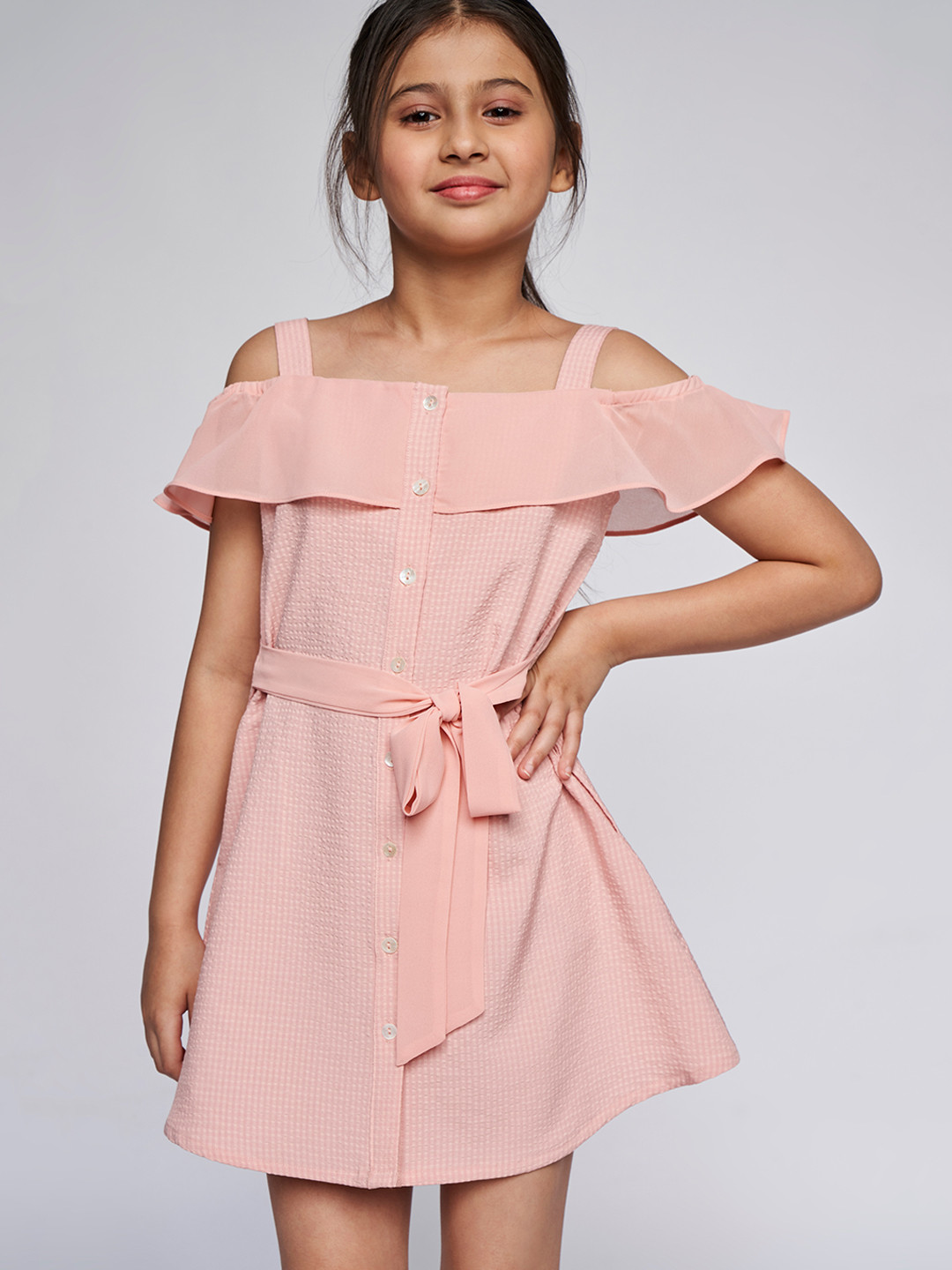 

AND Peach-Coloured Self-Design A-Line Dress