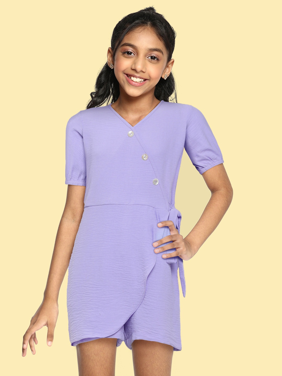 

AND Girls Lavender Solid Playsuit With Tie-Up Detail