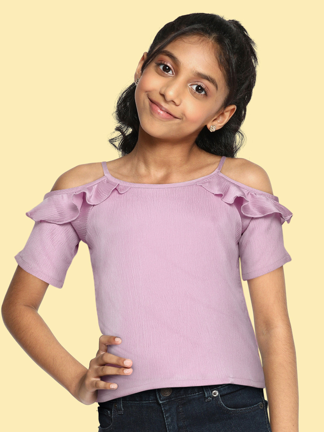 

AND Girls Pink Self Design Shoulder Straps Cold-Shoulder Sleeves Ruffles Seersucker Top